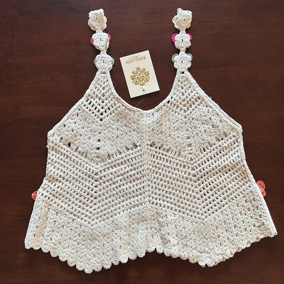 Brand New Rebellion Again Cream Crochet Tank Top Boho Crop Butterfly Cotton - Picture 11 of 15